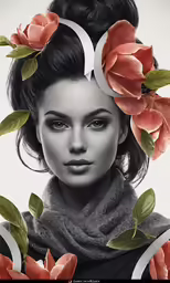 a woman with flowers growing from her head and in a black and white photo