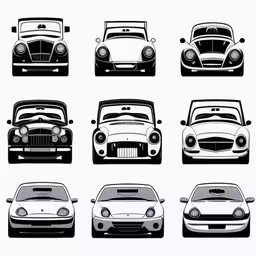 six cars on different angles in a set of eight,a variety of vintage cars is shown on the white background,the various car