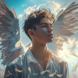the man is staring away from the white angel,a man staring intently at a group of white birds