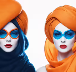 two models wearing orange and blue make up