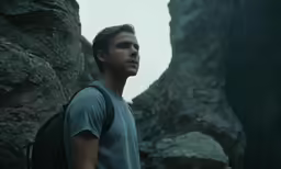 a young man in a grey shirt standing in front of some mountains