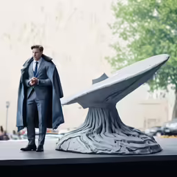 a statue of a man standing next to a large object