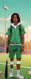an art print with a girl with dreadlocks, a tee shirt and baseball bat,an african american female in green uniform with tennis racket