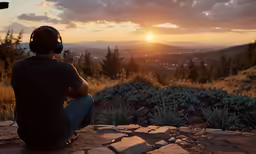 a person sitting on top of a rock near grass
