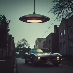 an automobile parked beneath a pendant light