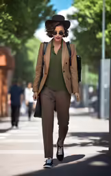 the woman in brown suit is walking down the street