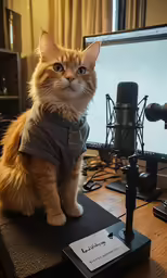 a cat sitting in front of a microphone and wearing a sweater