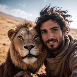 a man with his arm around a lion in the desert