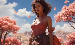 a young woman standing in the sun with mountains and pink flowers in the background