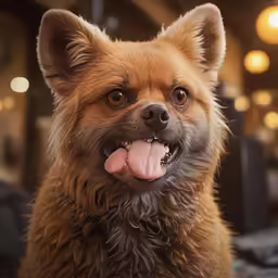 a brown dog sitting next to a lamp with a long tongue