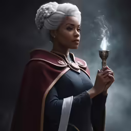 a woman dressed in renaissance clothing, holds an illuminated candle