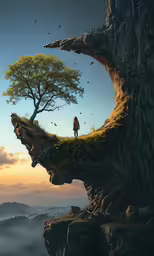 a person stands at the end of a cliff by the tree