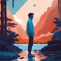 a person stands by some water in front of mountains,a person standing in a forest looking into an orange sky