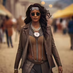a woman walking on a dirt road with other people walking nearby