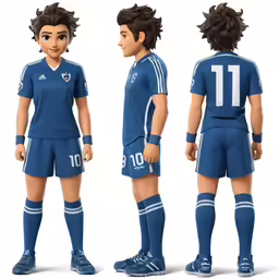 three different views of the soccer player wearing blue uniforms