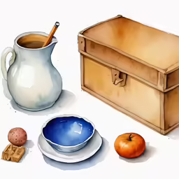 a drawing of a blue and white plate next to a trunk