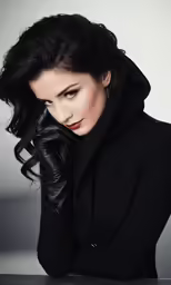 the woman has black gloves on her head