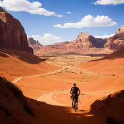 a man riding his bicycle through the desert