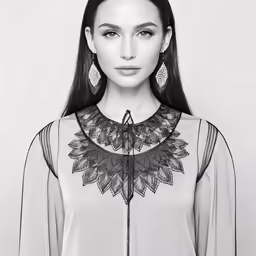 a beautiful young lady wearing a blouse with lace