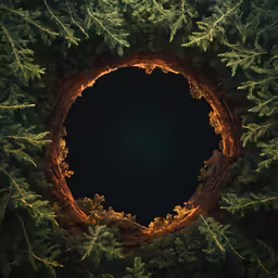 the center of an aerial view of trees with lights shining through them