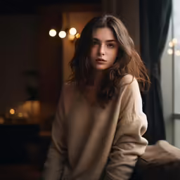 a beautiful young lady in a sweater looking at the camera
