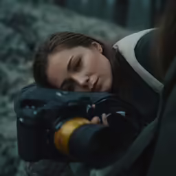 a woman holding up a camera with another person watching