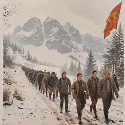 a group of men walk down a snowy road