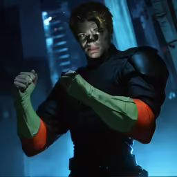 a man standing with his arms raised next to the screen