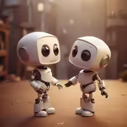 two robots are touching hands over a table