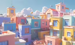 many colorful buildings are shown with clouds and a blue sky