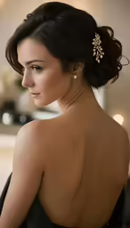 a woman in black dress wearing a back view