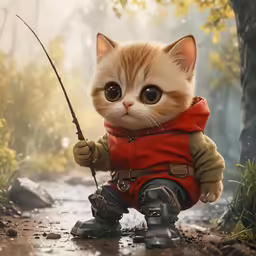 a cat with a fishing pole by a creek