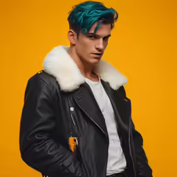 a young man with a green hair wearing a leather jacket