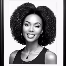 an attractive young woman with afro hair and a large smile