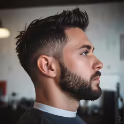 a bearded man with his hair cut with a side part