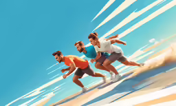 three people on an artistic painting depicting the image of two men and a woman running