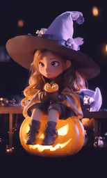 a girl is dressed as a witch sitting on a pumpkin