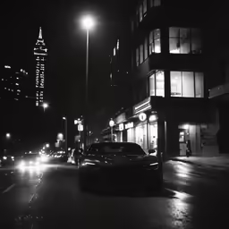 black and white photograph of cars on the street in the night