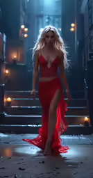 the girl in the red dress has very long skirt
