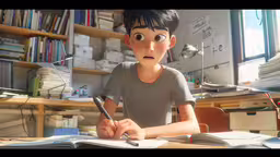 a kid with large eyes sits at his desk and holds a pen as he writes,the boy in the cartoon version is in his office