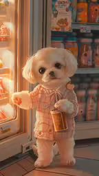 the small dog is wearing an apron and holding a can,a small dog stands on its hind legs next to a open refrigerator