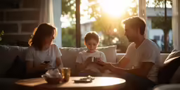 a man and children playing on their phones together