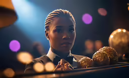 a close - up image of a woman sitting down at a party