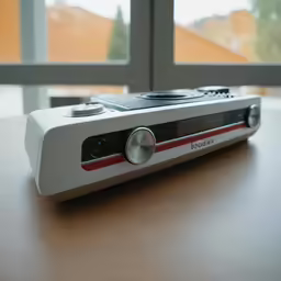 a digital device on a desk with a window in the background