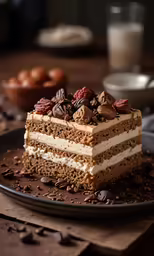 piece of cake on plate with chocolate chips