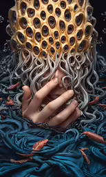 a sculpture that looks like a person with a bunch of wires on her head