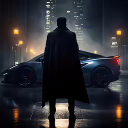 a person wearing a cape standing in front of a car