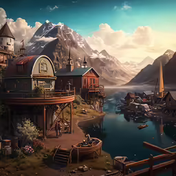 the scene has been digitally painted, and it appears to be of a small village
