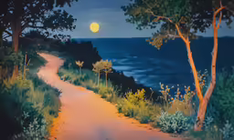 a painting of a road with trees next to the ocean