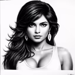 a drawing of a woman with long hair wearing earrings